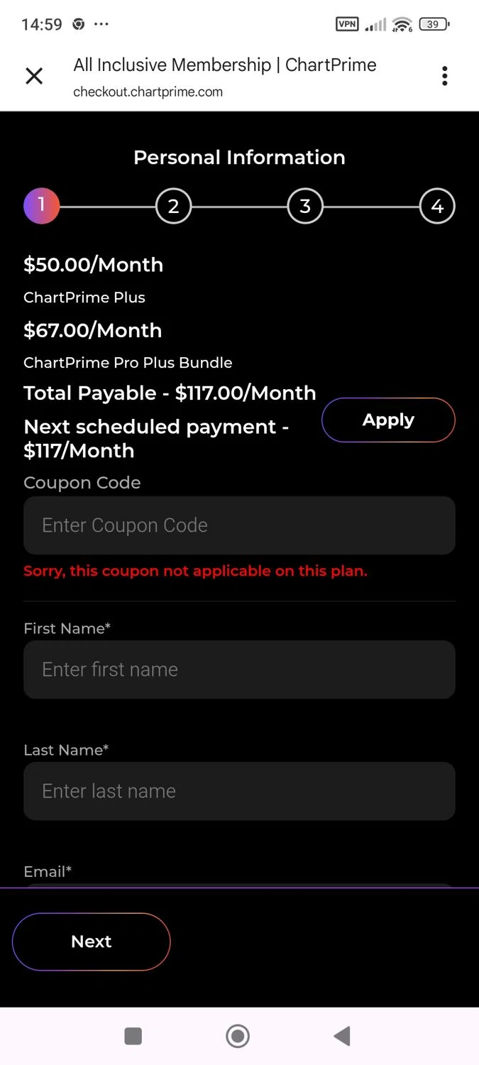 Chartprime promo code screenshot showing code ENJOY30 applied at Chartprime checkout page. Uploaded by SimplyCodes community member ShieldWhiz4659 on Oct 4, 2025
