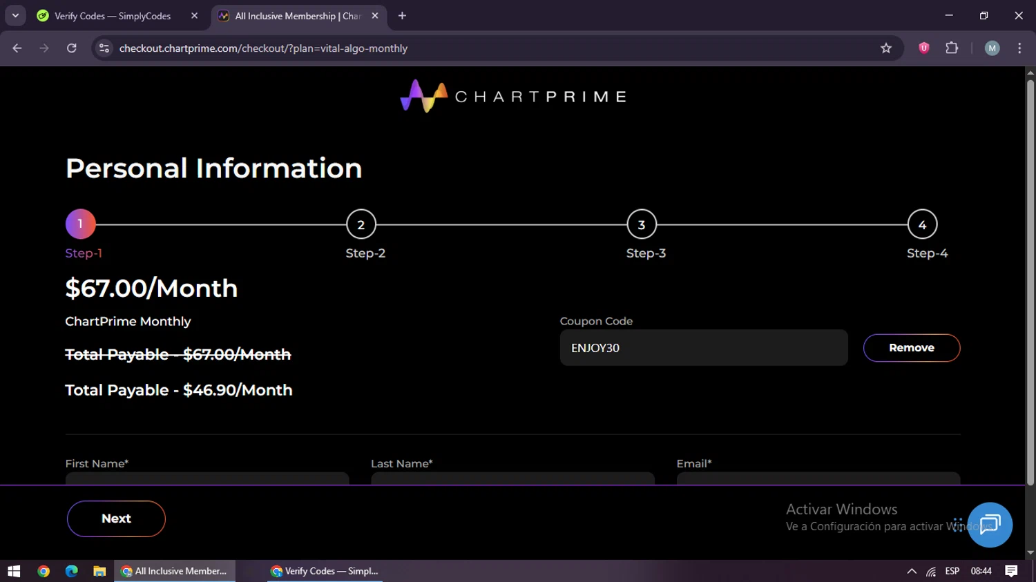 Chartprime promo code screenshot showing code ENJOY30 applied at Chartprime checkout page. Uploaded by SimplyCodes community member maraxo on Aug 16, 2025