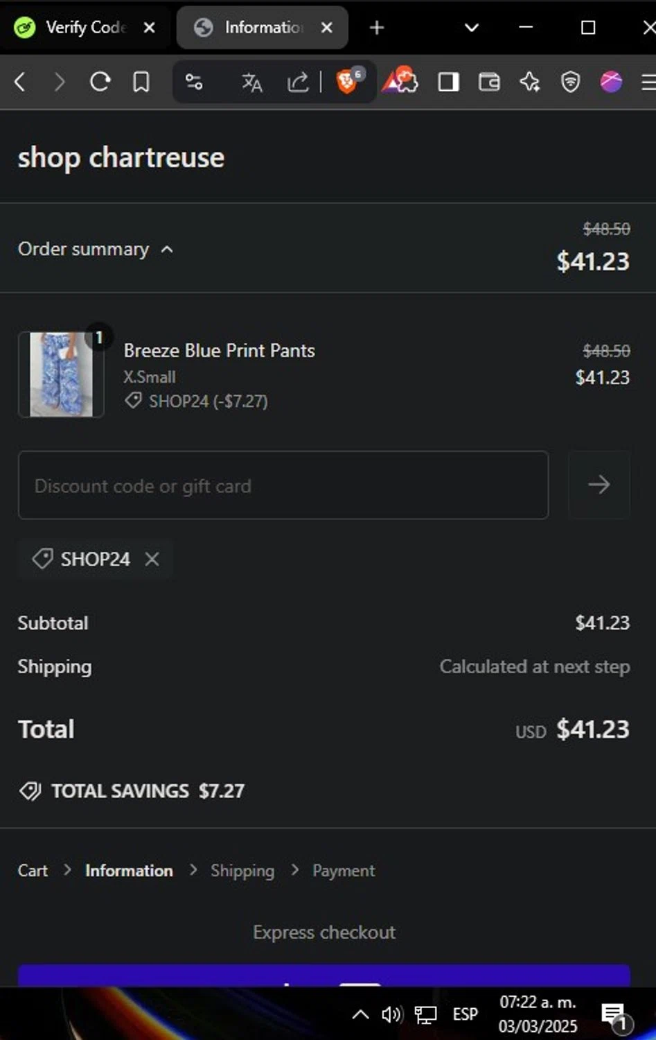 Chartreuse Boutique promo code screenshot showing code SHOP24 applied at Chartreuse Boutique checkout page. Uploaded by SimplyCodes community member Yoseff_3 on Mar 3, 2025