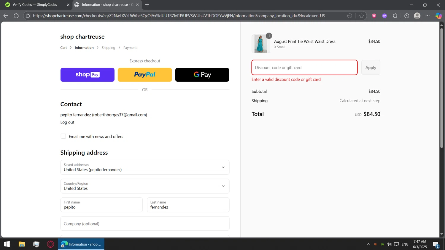 Chartreuse Boutique promo code screenshot showing code SPRING15 applied at Chartreuse Boutique checkout page. Uploaded by SimplyCodes community member BorgeZzz on Jun 3, 2025
