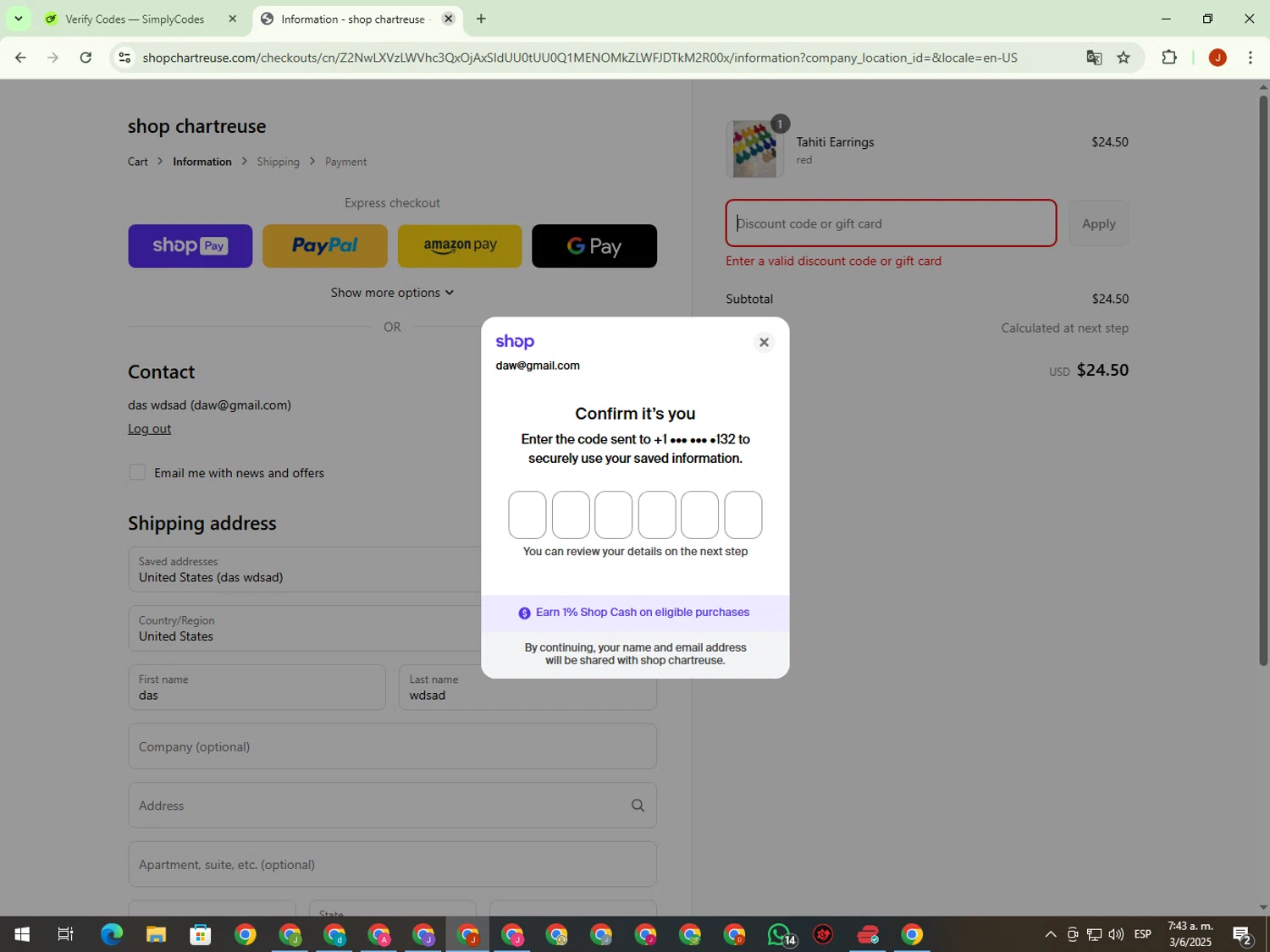Chartreuse Boutique promo code screenshot showing code SPRING15 applied at Chartreuse Boutique checkout page. Uploaded by SimplyCodes community member KimDokja on Jun 3, 2025