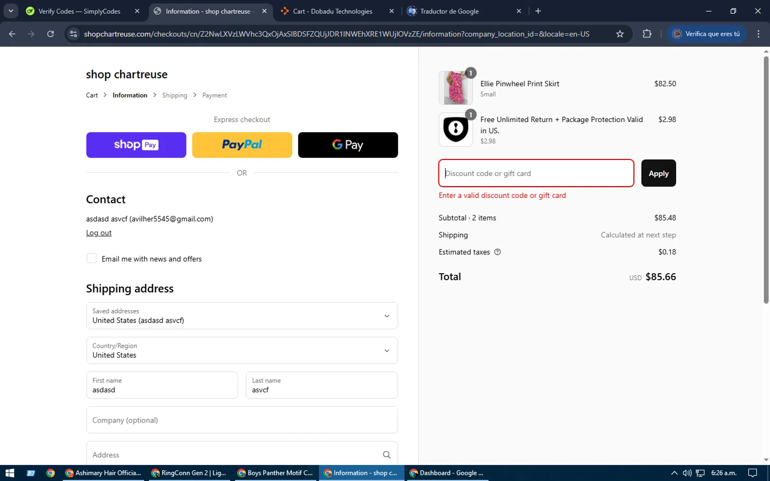 Chartreuse Boutique promo code screenshot showing code SPRINGBREAK15 applied at Chartreuse Boutique checkout page. Uploaded by SimplyCodes community member SrSolomon on Mar 15, 2025