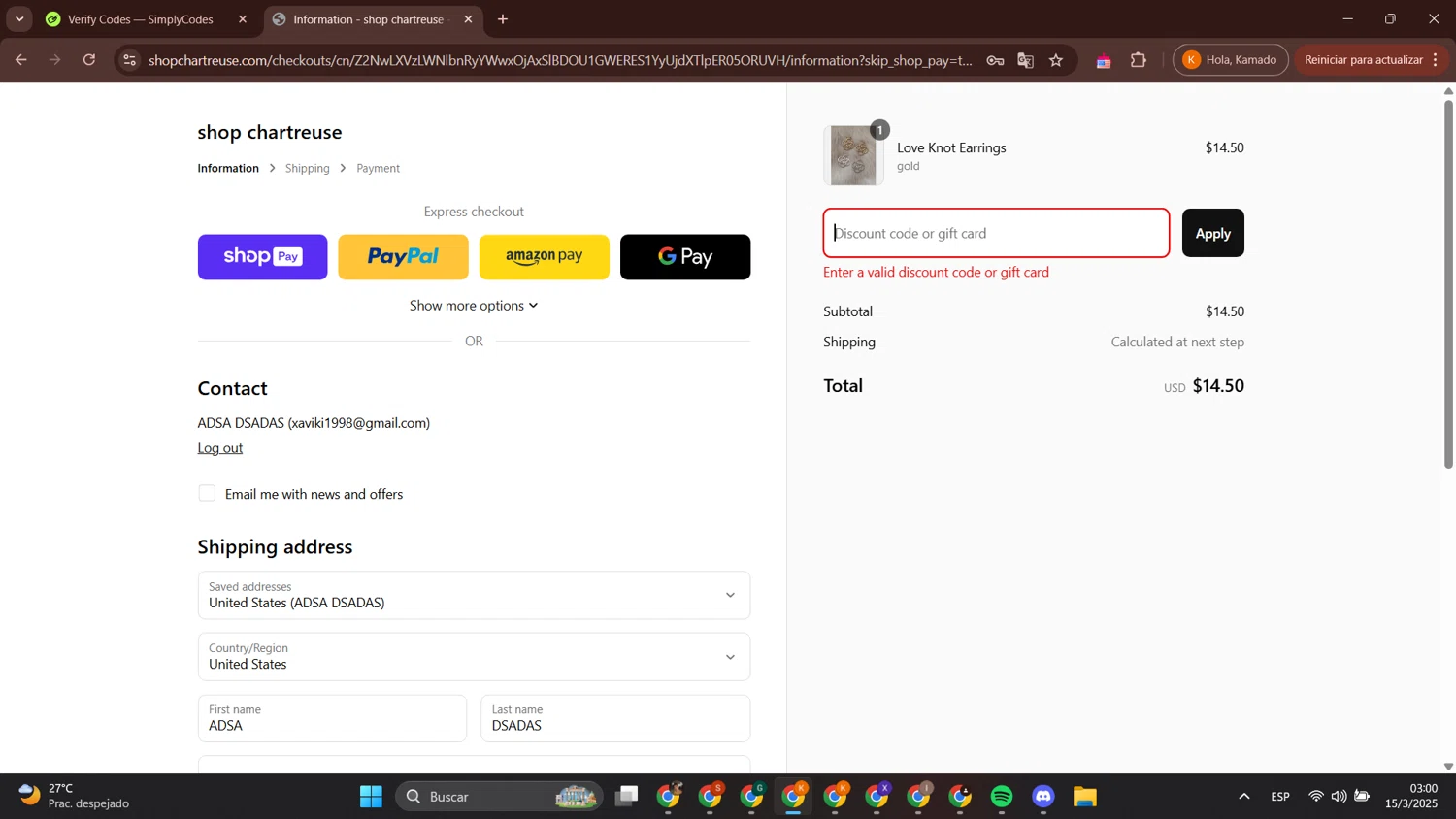 Chartreuse Boutique promo code screenshot showing code SPRINGBREAK15 applied at Chartreuse Boutique checkout page. Uploaded by SimplyCodes community member BonusCurator3058 on Mar 15, 2025