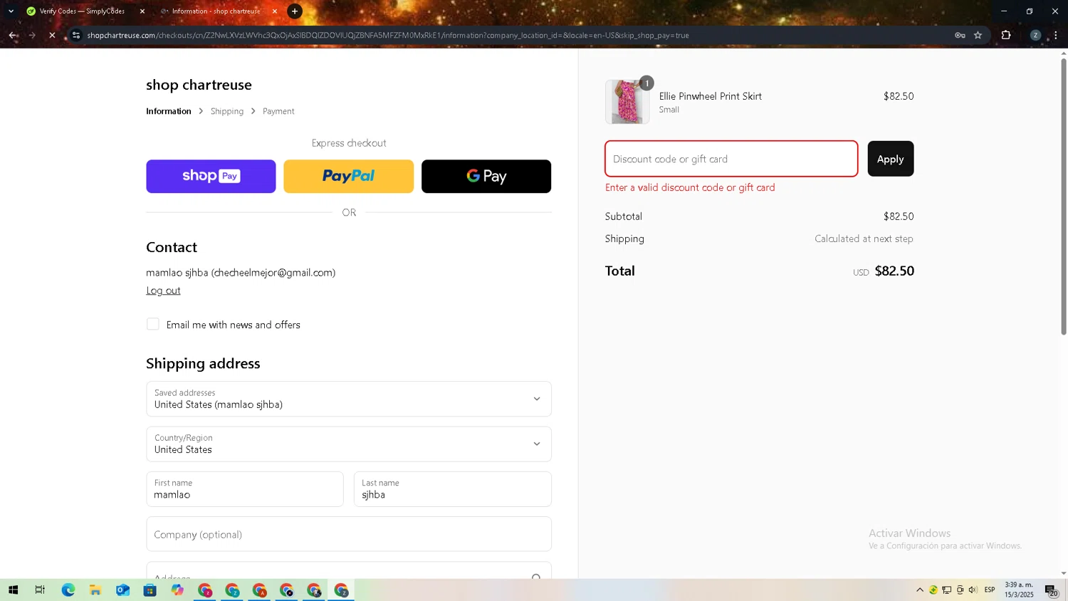 Chartreuse Boutique promo code screenshot showing code SPRINGBREAK15 applied at Chartreuse Boutique checkout page. Uploaded by SimplyCodes community member 27zxbr on Mar 15, 2025