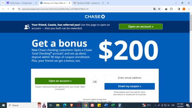 Chase.com checkout page showing Chase.com coupon code box | Screenshot taken by SimplyCodes community member on Jan 8, 2024