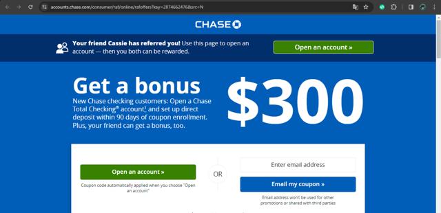 Chase.com checkout page showing Chase.com coupon code box | Screenshot taken by SimplyCodes community member on Jan 26, 2024