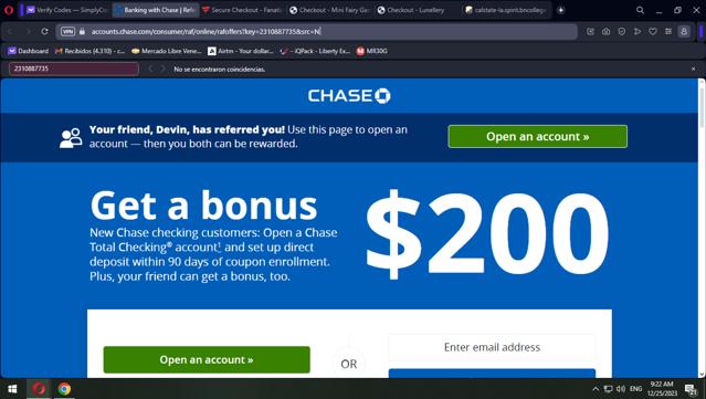 Chase.com checkout page showing Chase.com coupon code box | Screenshot taken by SimplyCodes community member on Dec 25, 2023