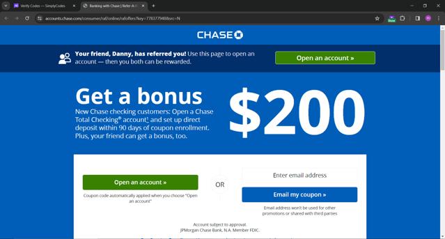 Chase.com checkout page showing Chase.com coupon code box | Screenshot taken by SimplyCodes community member on Dec 5, 2023