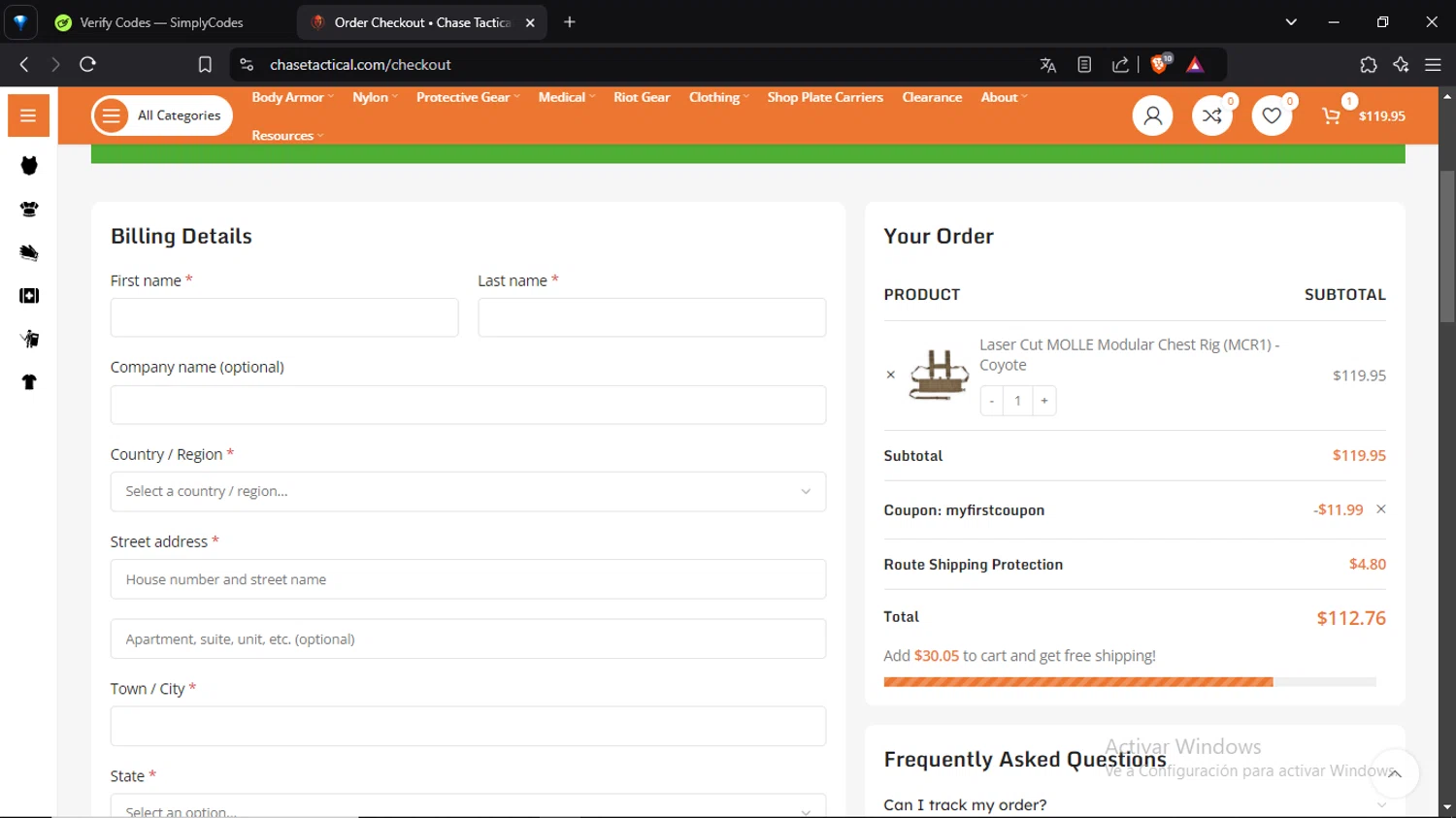 Chase Tactical coupon code screenshot showing code myfirstcoupon applied at Chase Tactical checkout page. Uploaded by SimplyCodes community member VoucherShopper4674 on Jan 6, 2025
