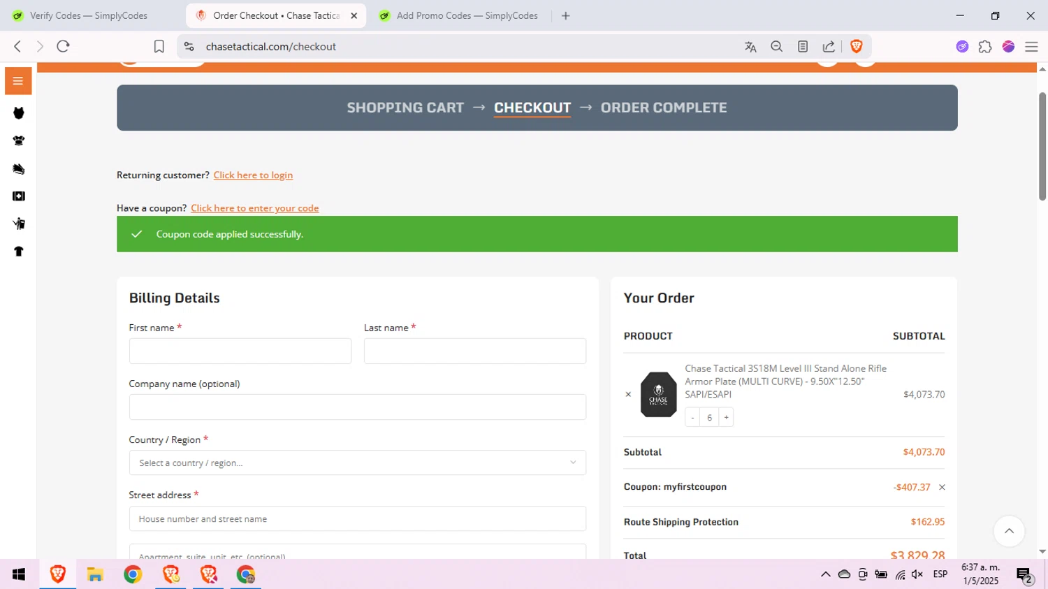 Chase Tactical coupon code screenshot showing code myfirstcoupon applied at Chase Tactical checkout page. Uploaded by SimplyCodes community member peachee on May 1, 2025