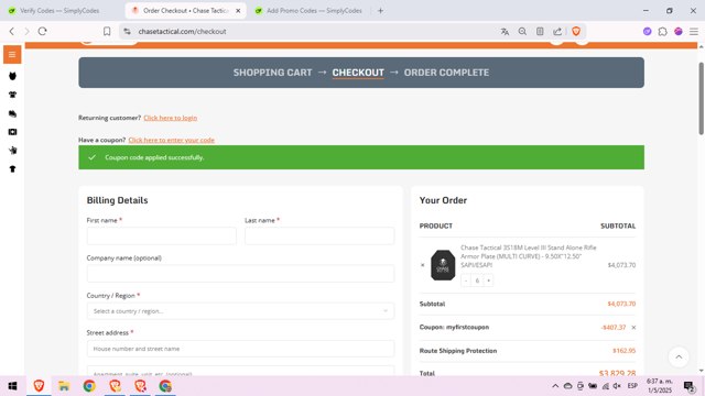 Chase Tactical checkout page showing Chase Tactical coupon code box | Screenshot taken by SimplyCodes community member on May 1, 2025