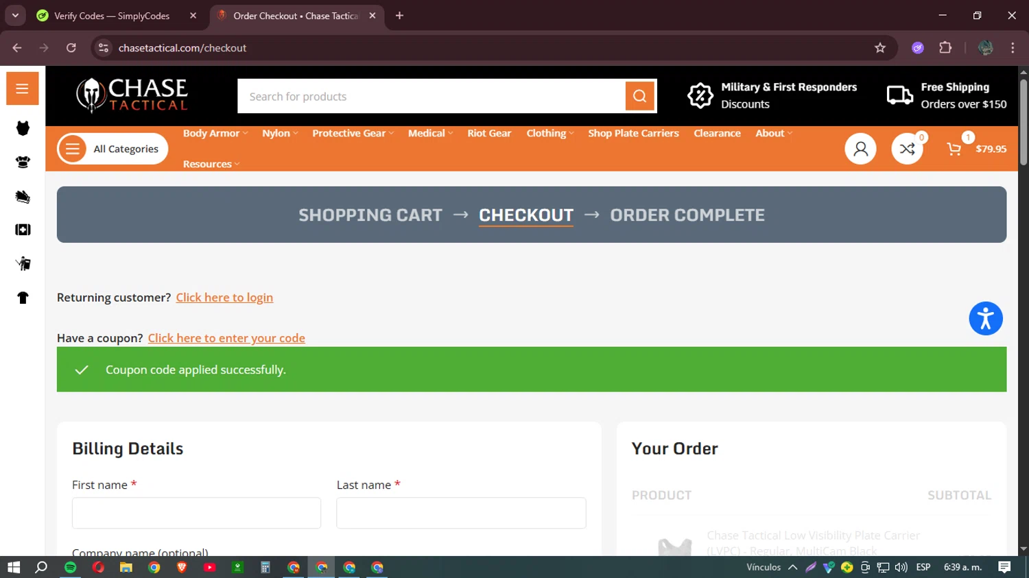 Chase Tactical coupon code screenshot showing code CTNEW10 applied at Chase Tactical checkout page. Uploaded by SimplyCodes community member Mr_Allighieri on May 1, 2025
