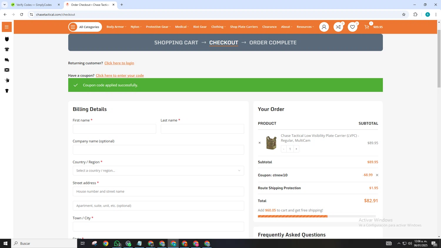 Chase Tactical coupon code screenshot showing code CTNEW10 applied at Chase Tactical checkout page. Uploaded by SimplyCodes community member SmartGenius3209 on Jan 6, 2025