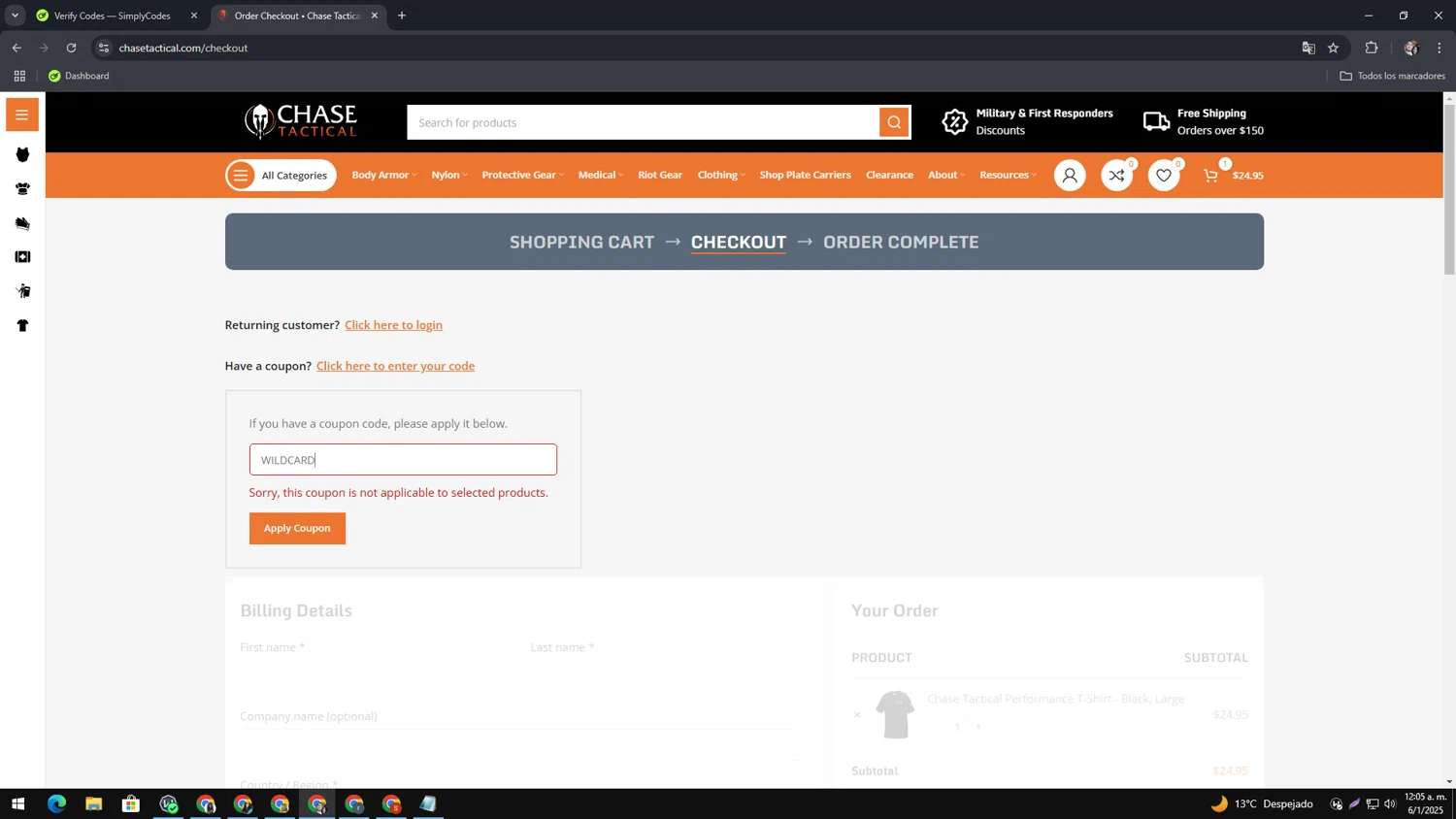 Chase Tactical coupon code screenshot showing code WILDCARD applied at Chase Tactical checkout page. Uploaded by SimplyCodes community member MagnificentAce6663 on Jan 6, 2025