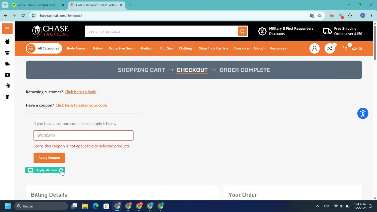 Chase Tactical coupon code screenshot showing code WILDCARD applied at Chase Tactical checkout page. Uploaded by SimplyCodes community member DealLion9675 on May 1, 2025
