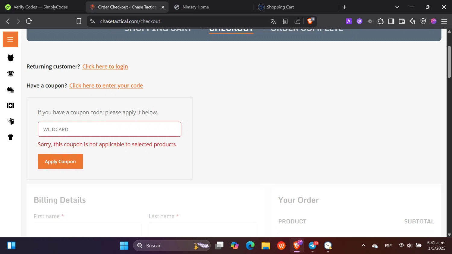 Chase Tactical coupon code screenshot showing code WILDCARD applied at Chase Tactical checkout page. Uploaded by SimplyCodes community member hanzell2 on May 1, 2025