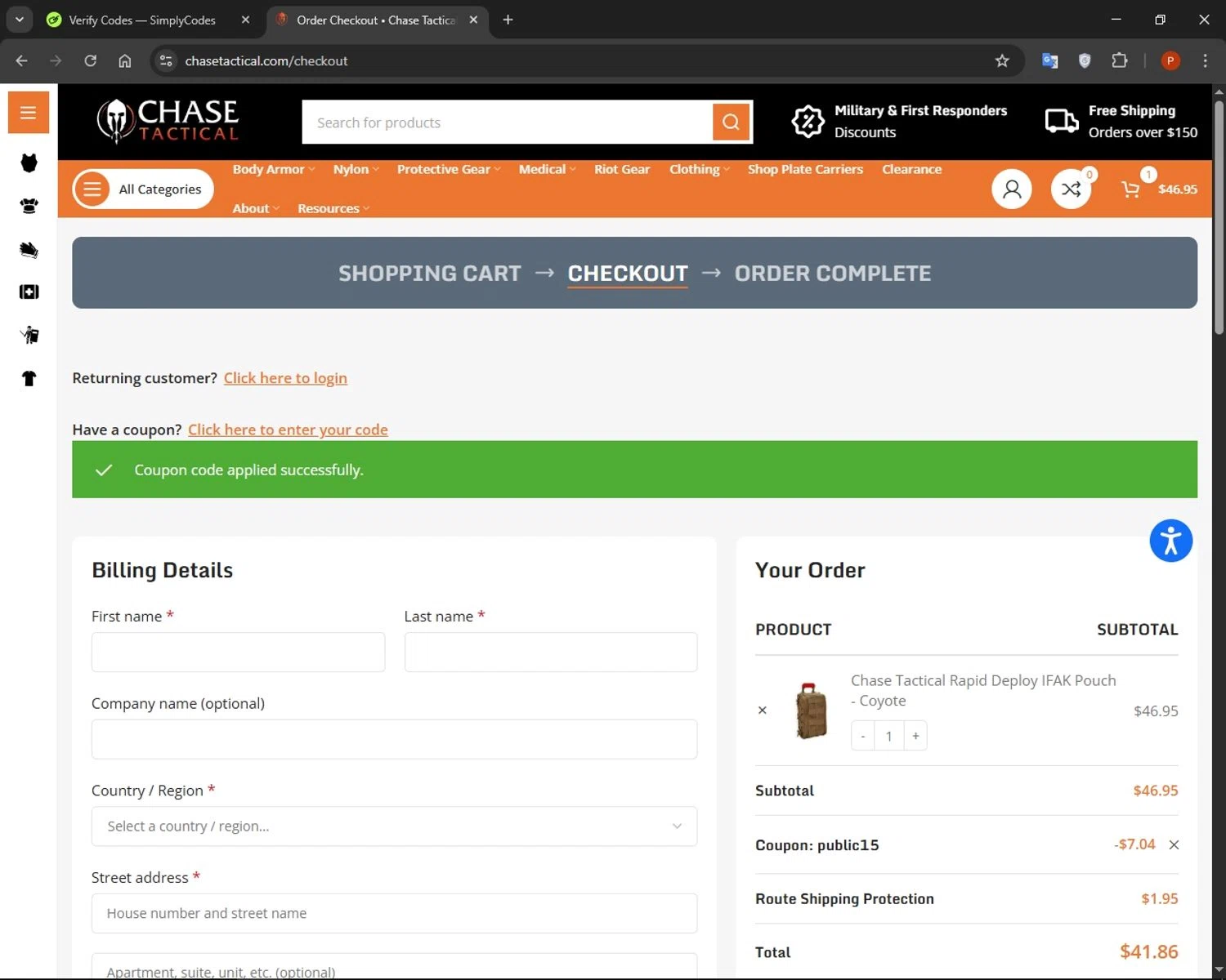 Chase Tactical coupon code screenshot showing code Public15 applied at Chase Tactical checkout page. Uploaded by SimplyCodes community member AuronPlay on Apr 3, 2025