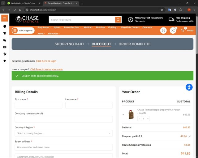 Chase Tactical checkout page showing Chase Tactical coupon code box | Screenshot taken by SimplyCodes community member on Apr 3, 2025