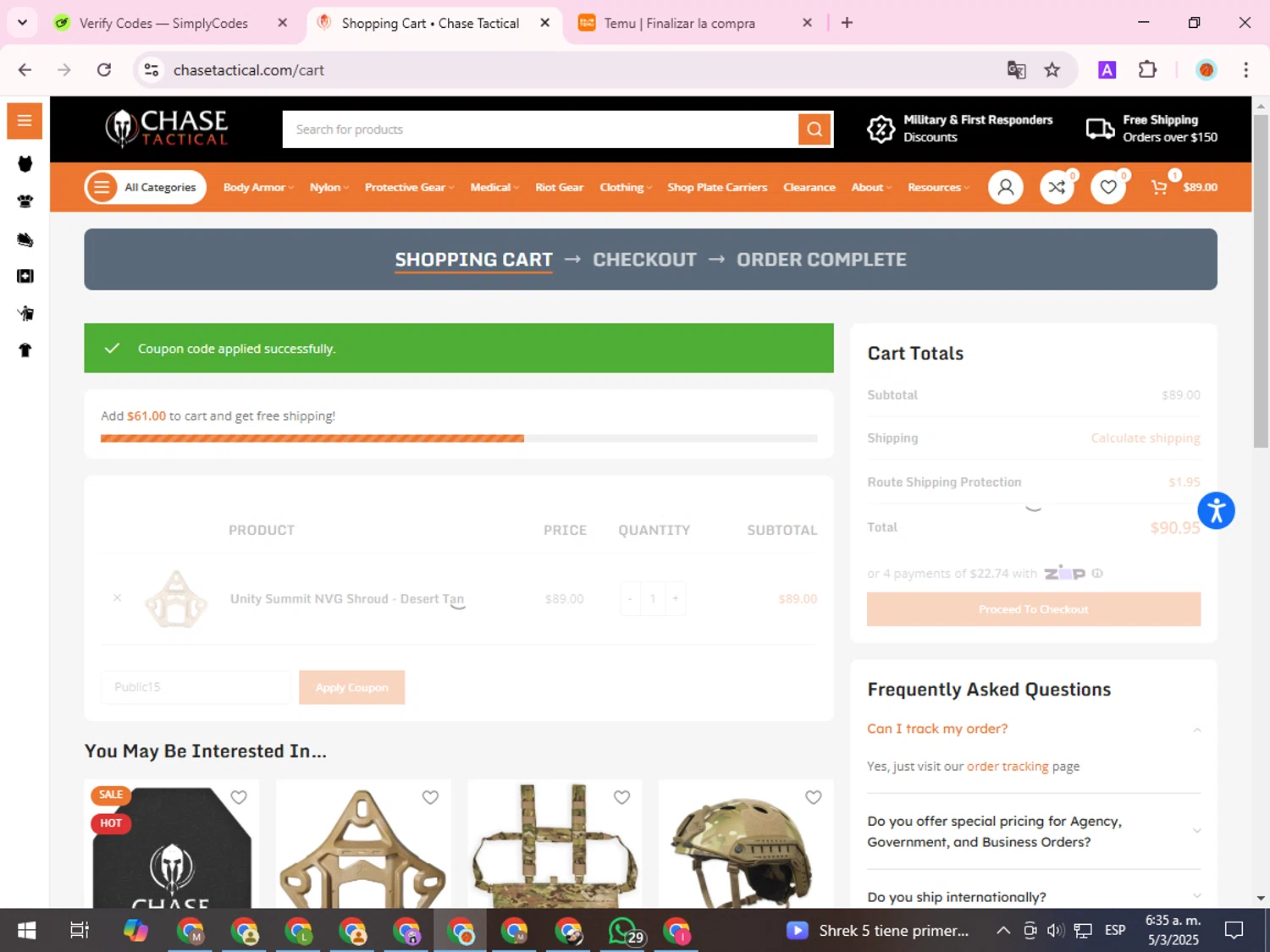 Chase Tactical coupon code screenshot showing code Public15 applied at Chase Tactical checkout page. Uploaded by SimplyCodes community member ShieldDefender9117 on Mar 5, 2025