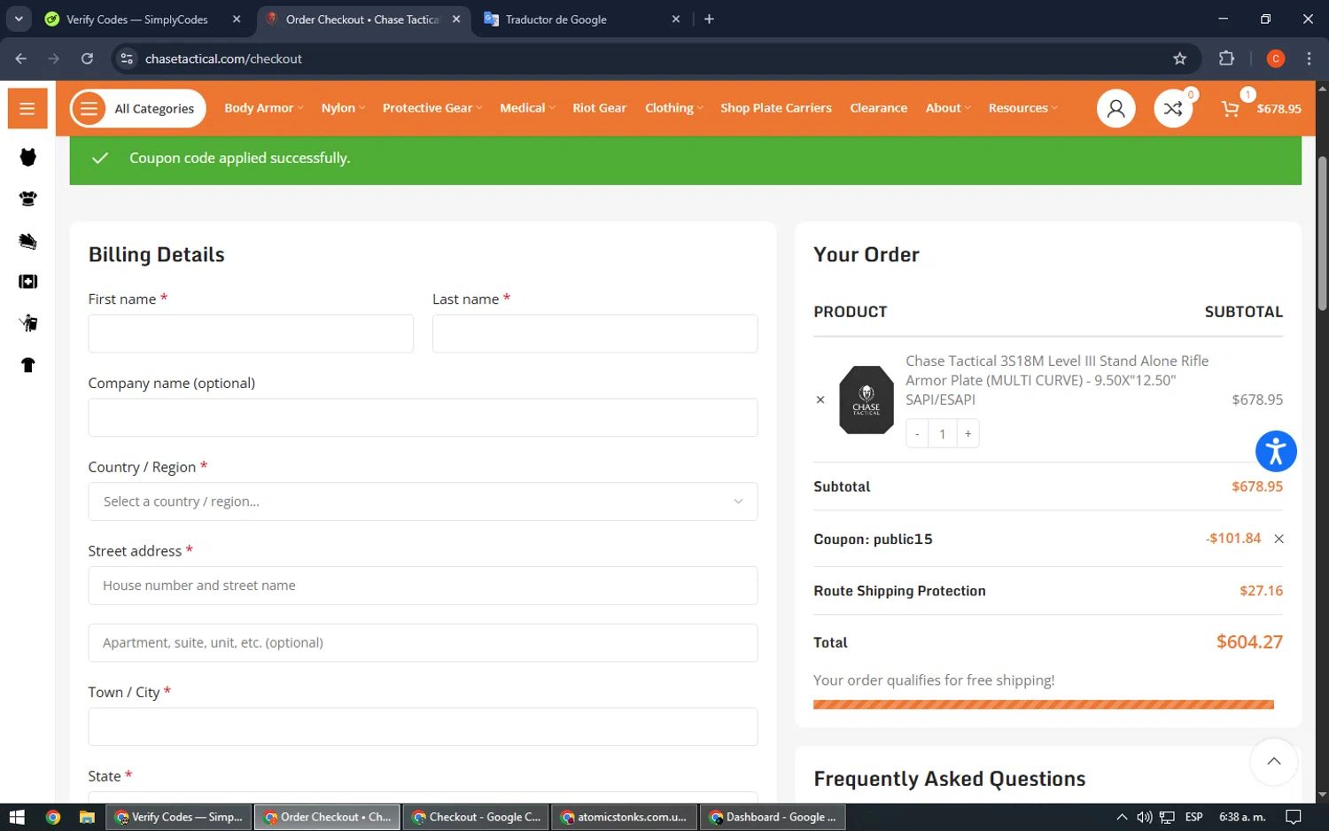 Chase Tactical coupon code screenshot showing code Public15 applied at Chase Tactical checkout page. Uploaded by SimplyCodes community member RoyalHawk6408 on May 1, 2025
