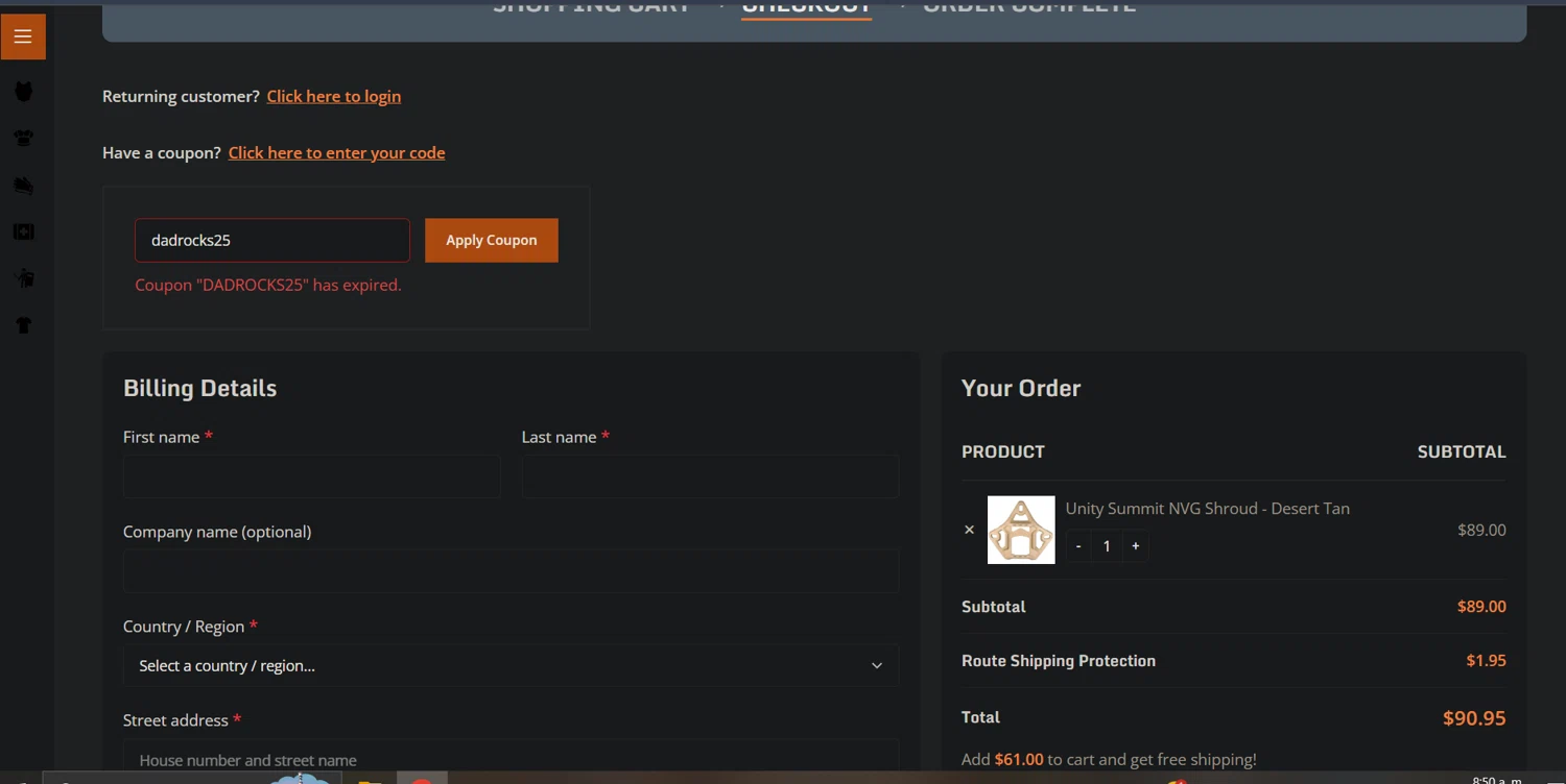 Chase Tactical coupon code screenshot showing code dadrocks25 applied at Chase Tactical checkout page. Uploaded by SimplyCodes community member Ray_YNN on Jul 11, 2025