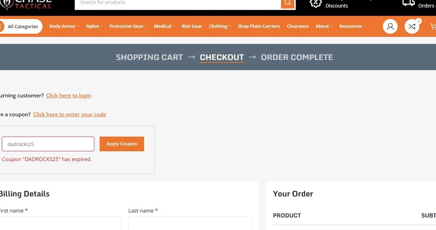 Chase Tactical coupon code screenshot showing code dadrocks25 applied at Chase Tactical checkout page. Uploaded by SimplyCodes community member ThornPrincess on Jul 11, 2025