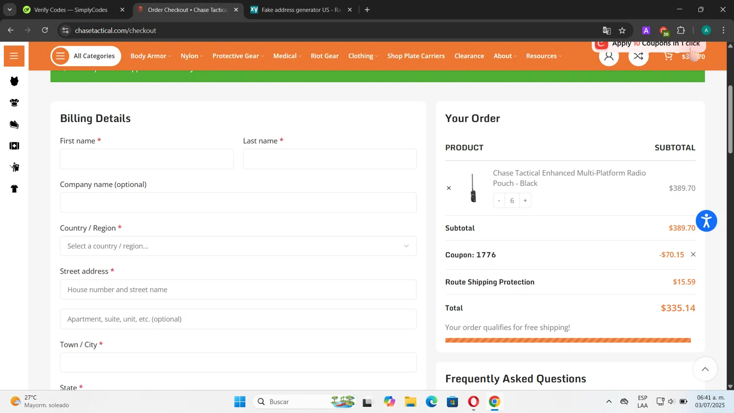 Chase Tactical coupon code screenshot showing code 1776 applied at Chase Tactical checkout page. Uploaded by SimplyCodes community member CouponSentinel181 on Jul 3, 2025