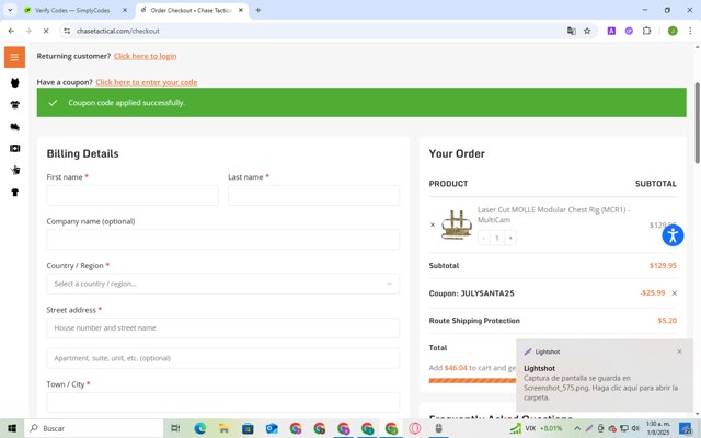 Chase Tactical checkout page showing Chase Tactical coupon code box | Screenshot taken by SimplyCodes community member on Jul 31, 2025