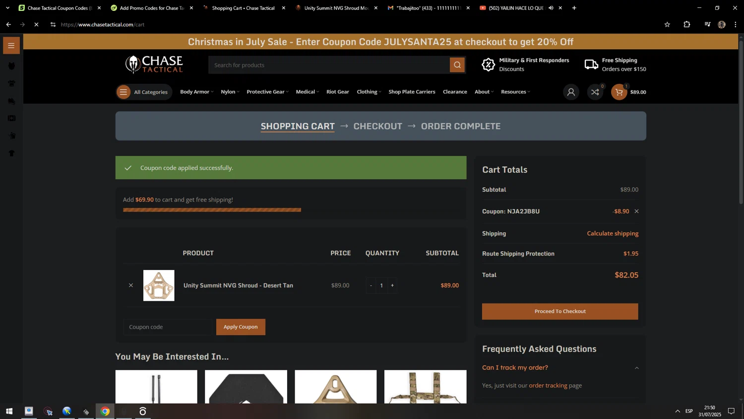 Chase Tactical coupon code screenshot showing code NJA2JB8U applied at Chase Tactical checkout page. Uploaded by SimplyCodes community member MarcosAranguren on Aug 1, 2025