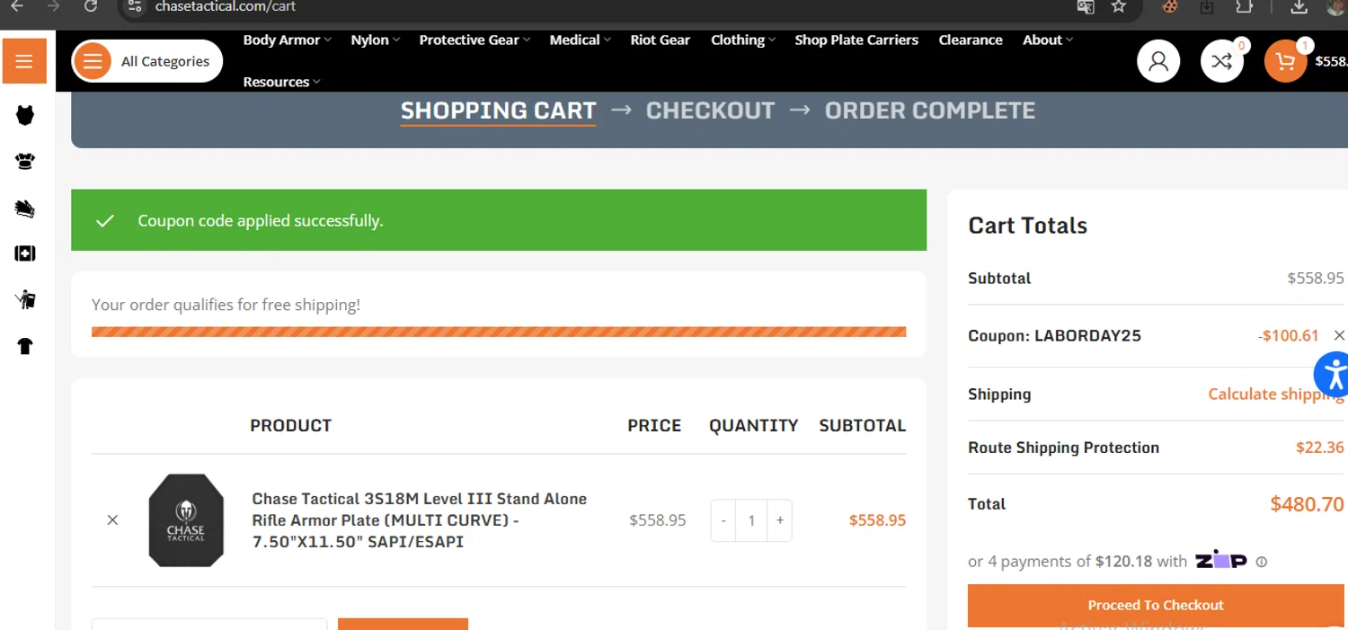 Chase Tactical coupon code screenshot showing code LABORDAY25 applied at Chase Tactical checkout page. Uploaded by SimplyCodes community member javierprez on Aug 29, 2025