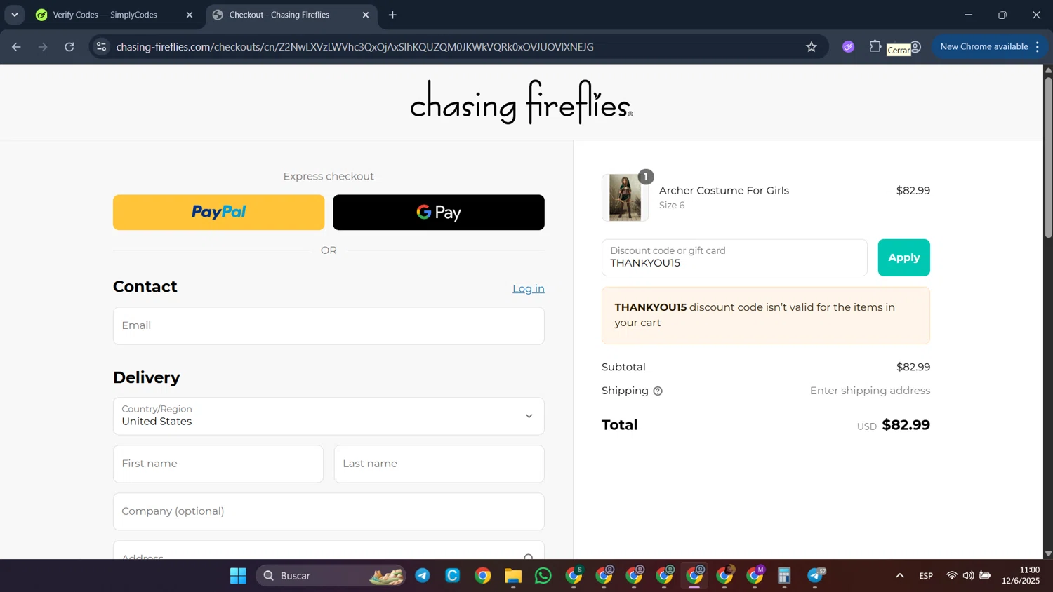 Chasing Fireflies promo code screenshot showing code THANKYOU15 applied at Chasing Fireflies checkout page. Uploaded by SimplyCodes community member CleverFalcon6244 on Jun 12, 2025