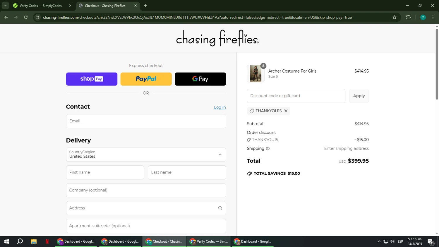 Chasing Fireflies promo code screenshot showing code THANKYOU15 applied at Chasing Fireflies checkout page. Uploaded by SimplyCodes community member FrugalCaptain6906 on Mar 24, 2025