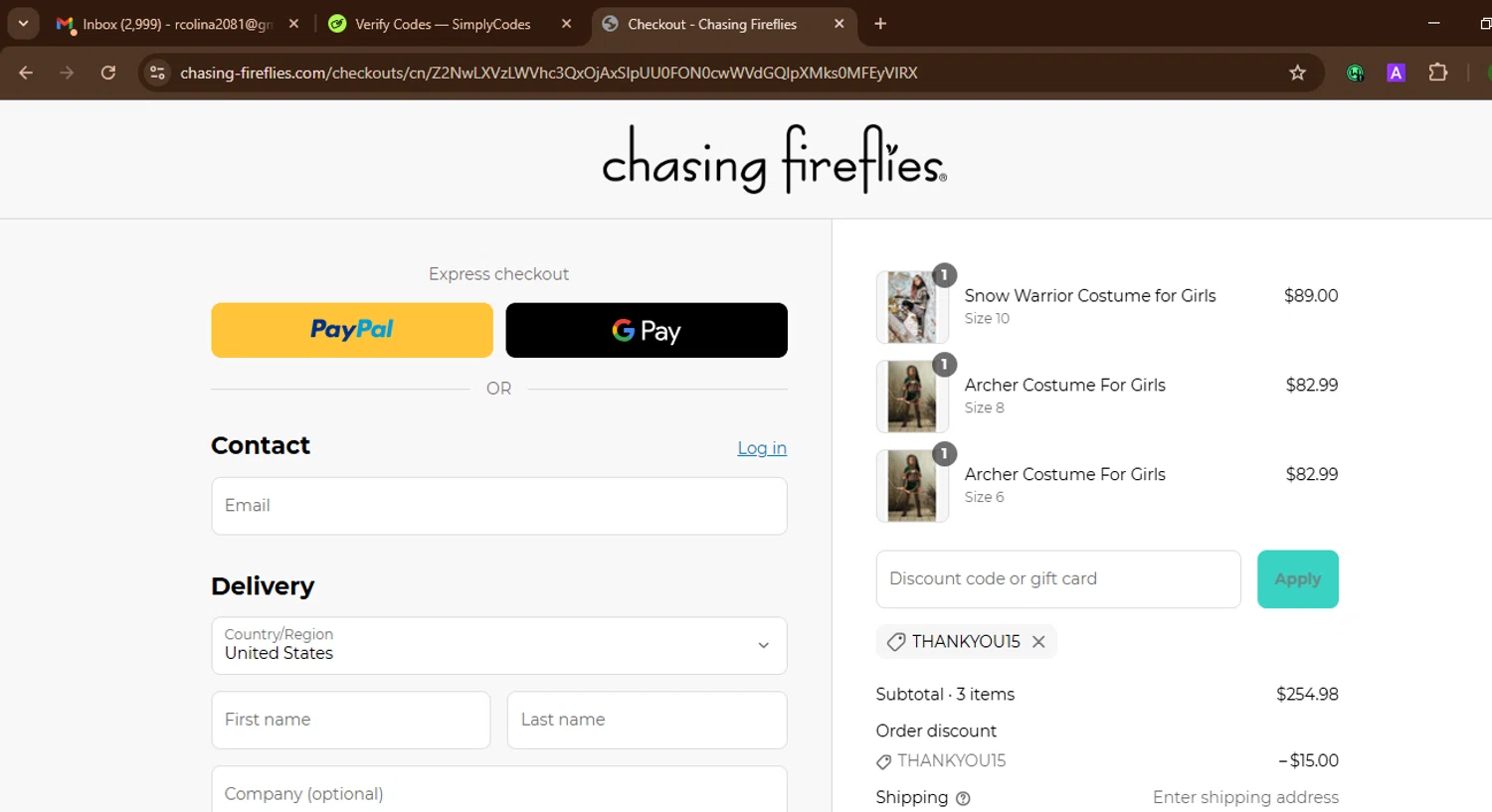 Chasing Fireflies promo code screenshot showing code THANKYOU15 applied at Chasing Fireflies checkout page. Uploaded by SimplyCodes community member SnoopDogg on Jul 10, 2025