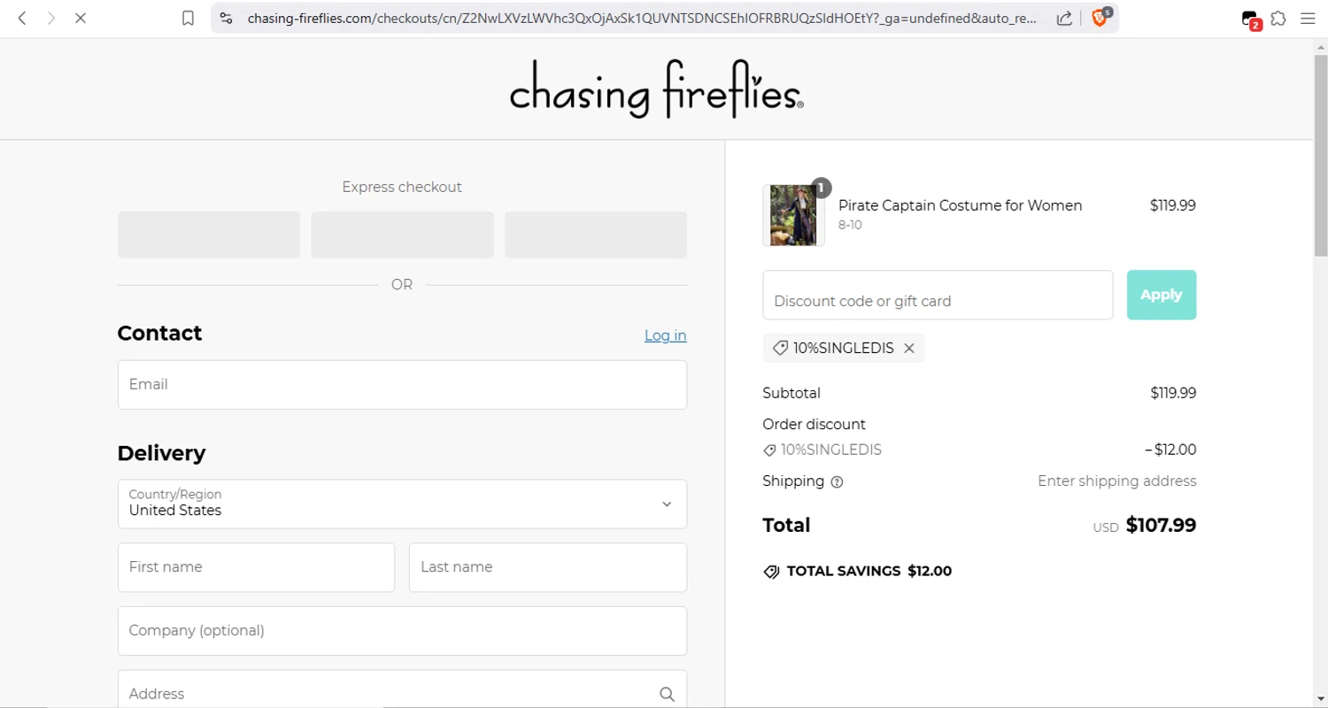 Chasing Fireflies promo code screenshot showing code 10%SINGLEDIS applied at Chasing Fireflies checkout page. Uploaded by SimplyCodes community member Fabio05 on Feb 22, 2025