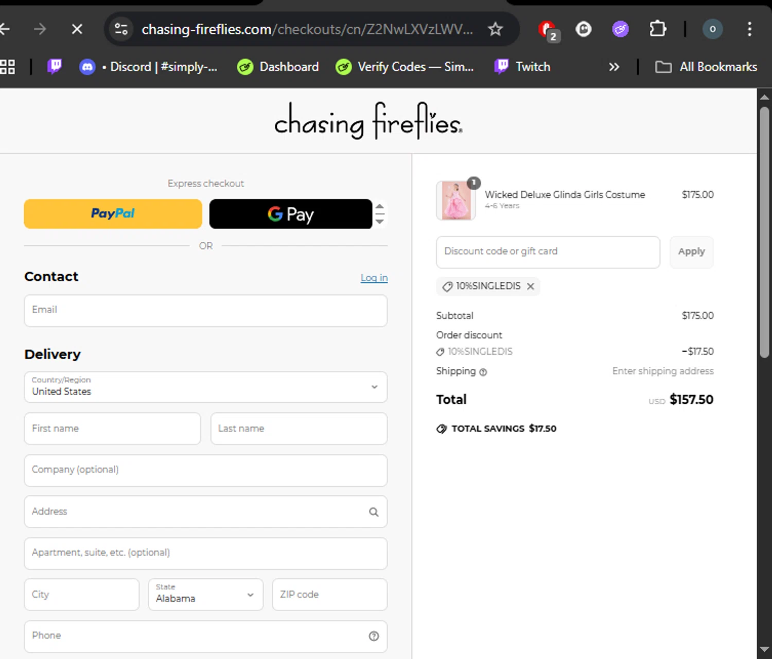 Chasing Fireflies promo code screenshot showing code 10%SINGLEDIS applied at Chasing Fireflies checkout page. Uploaded by SimplyCodes community member DealHero3744 on May 16, 2025