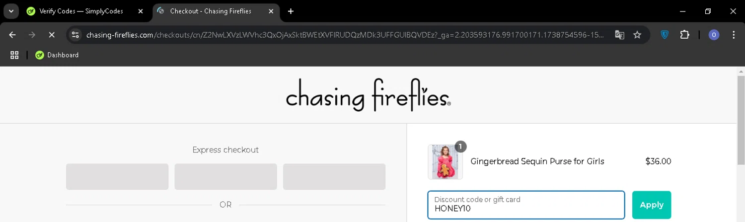 Chasing Fireflies promo code screenshot showing code HONEY10 applied at Chasing Fireflies checkout page. Uploaded by SimplyCodes community member SaturoGojo on Feb 5, 2025