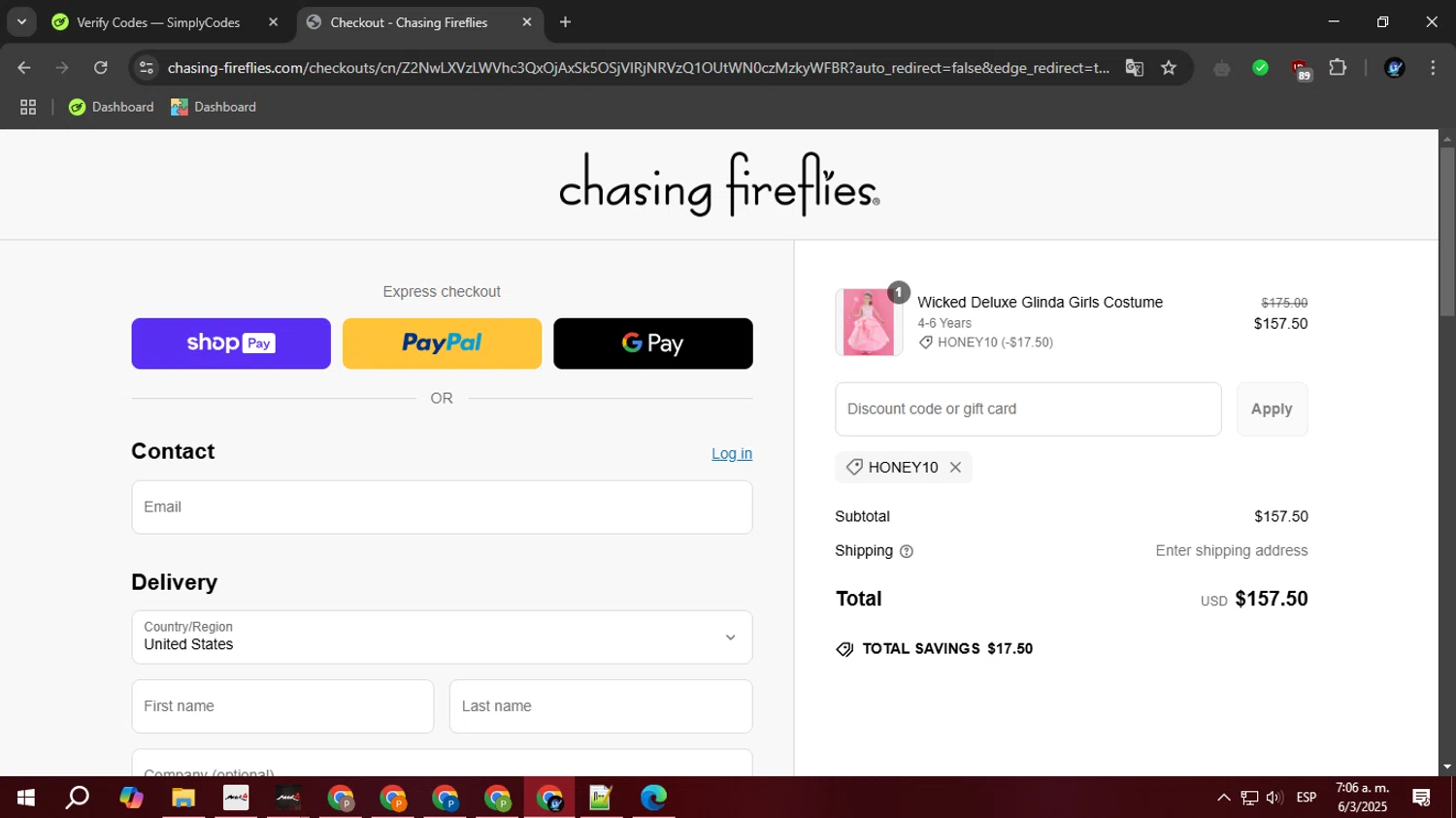 Chasing Fireflies promo code screenshot showing code HONEY10 applied at Chasing Fireflies checkout page. Uploaded by SimplyCodes community member BudgetOwl2519 on Mar 6, 2025