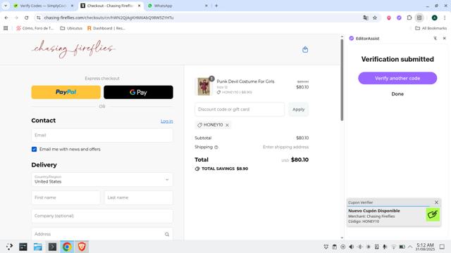 Chasing Fireflies checkout page showing Chasing Fireflies promo code box | Screenshot taken by SimplyCodes community member on Aug 31, 2025