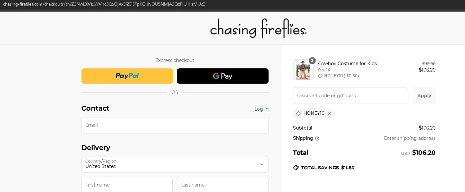 Chasing Fireflies promo code screenshot showing code HONEY10 applied at Chasing Fireflies checkout page. Uploaded by SimplyCodes community member anleo1225 on May 16, 2025