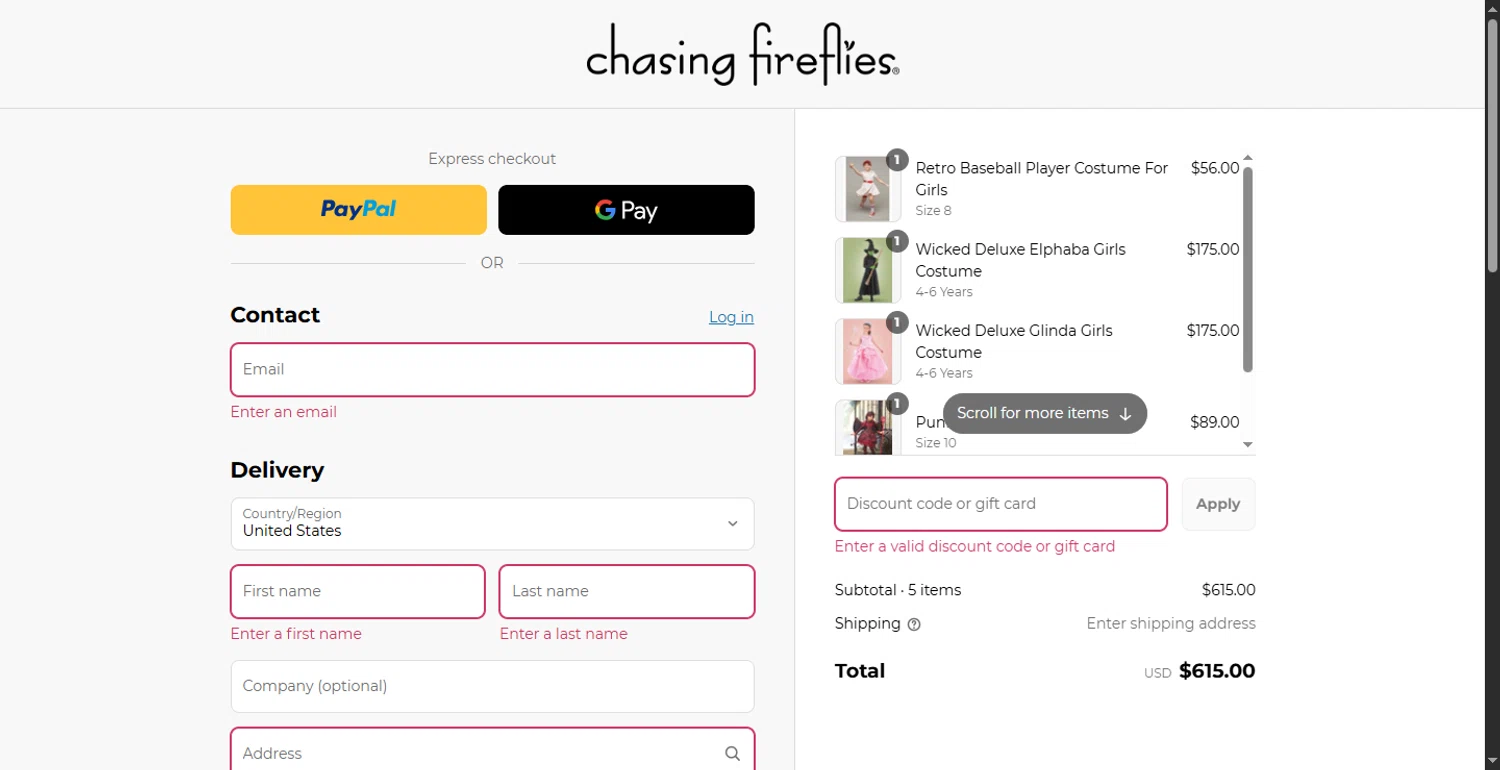 Chasing Fireflies promo code screenshot showing code EXTRA25 applied at Chasing Fireflies checkout page. Uploaded by SimplyCodes community member DiscountPhoenix427 on Jul 10, 2025