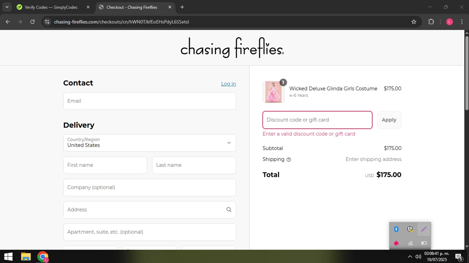 Chasing Fireflies promo code screenshot showing code EXTRA25 applied at Chasing Fireflies checkout page. Uploaded by SimplyCodes community member coder_916642691 on Jul 10, 2025