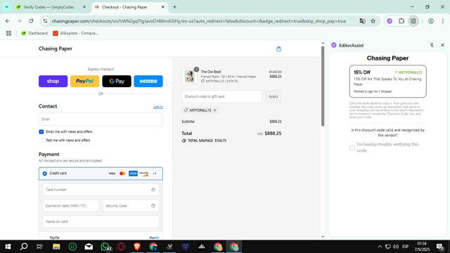 Chasing Paper checkout page showing Chasing Paper discount code box | Screenshot taken by SimplyCodes community member on Sep 7, 2025