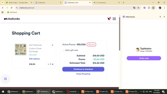 Chatbooks checkout page showing Chatbooks promo code box | Screenshot taken by SimplyCodes community member on Aug 19, 2025