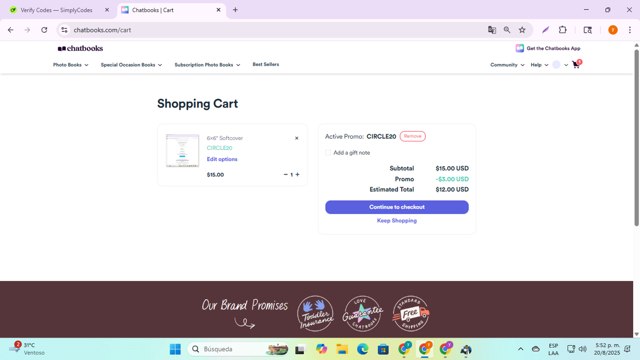 Chatbooks checkout page showing Chatbooks promo code box | Screenshot taken by SimplyCodes community member on Aug 20, 2025