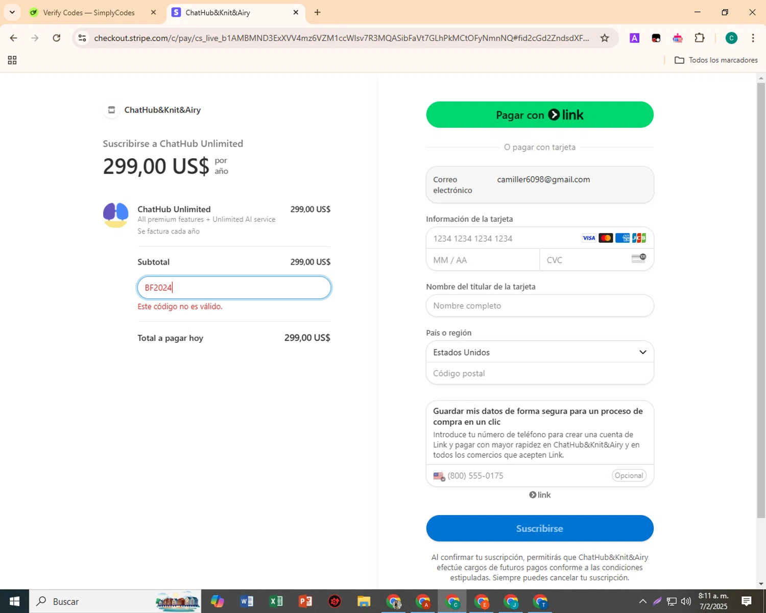 ChatHub AI promo code screenshot showing code BF2024 applied at ChatHub AI checkout page. Uploaded by SimplyCodes community member EpicSpotter3493 on Feb 7, 2025