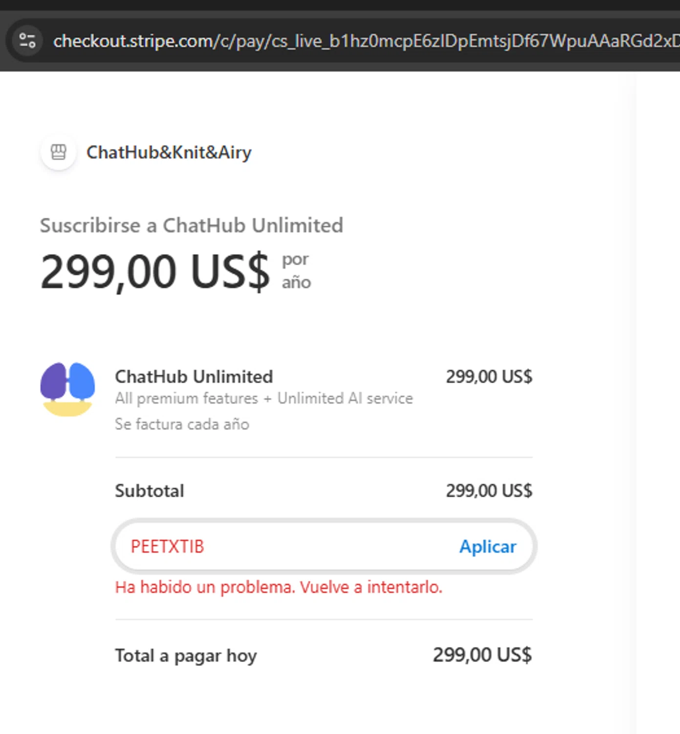ChatHub AI promo code screenshot showing code PEETXTIB applied at ChatHub AI checkout page. Uploaded by SimplyCodes community member couponcheck02 on Sep 5, 2025