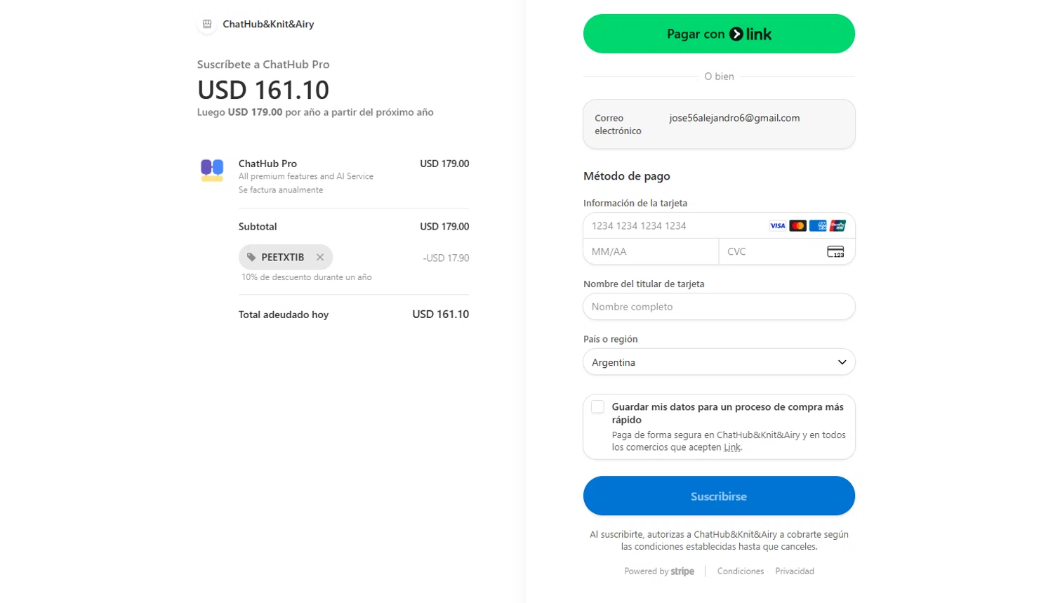 ChatHub AI promo code screenshot showing code PEETXTIB applied at ChatHub AI checkout page. Uploaded by SimplyCodes community member Kmacho on Oct 4, 2025