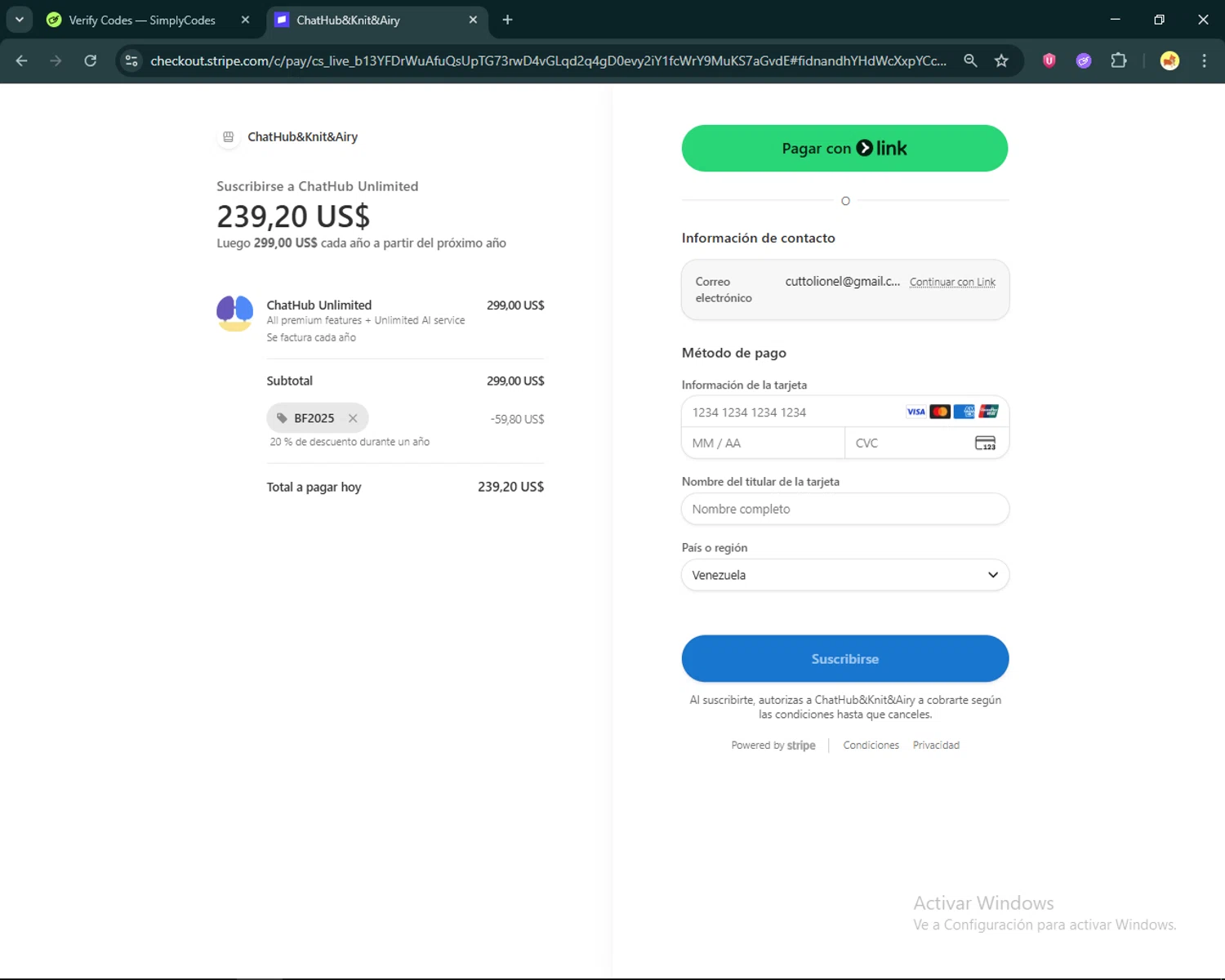 ChatHub AI checkout page showing ChatHub AI promo code box | Screenshot taken by SimplyCodes community member on Jan 22, 2026