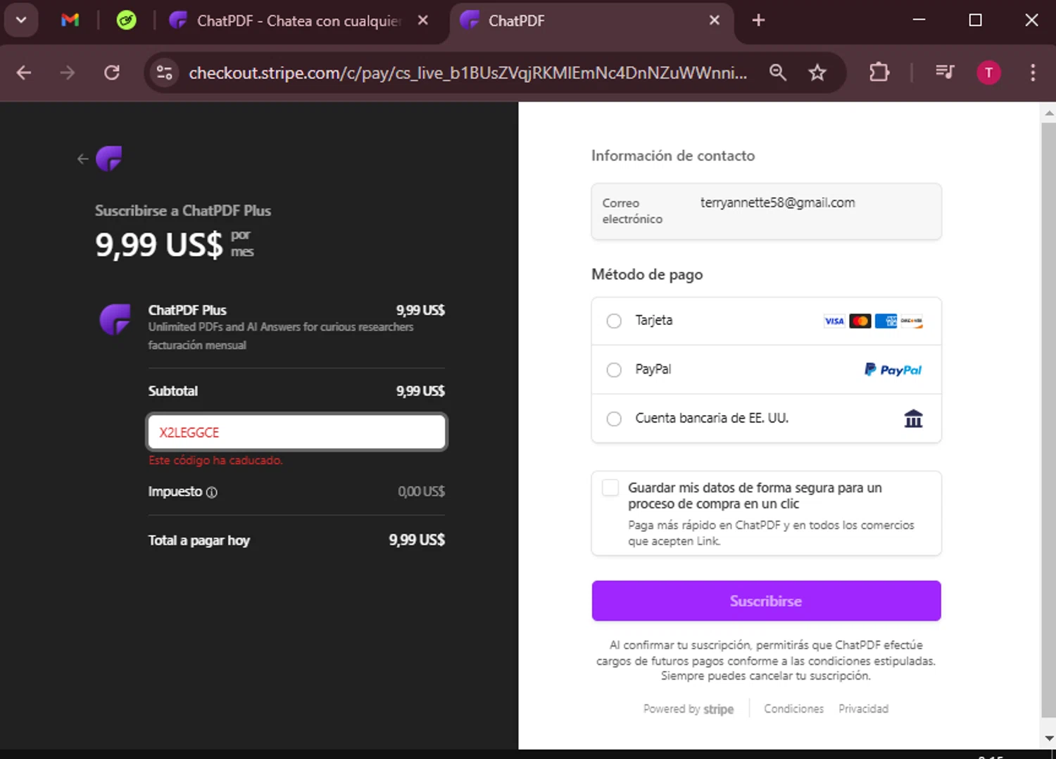ChatPDF promo code screenshot showing code X2LEGGCE applied at ChatPDF checkout page. Uploaded by SimplyCodes community member WiseScout3498 on Mar 7, 2025
