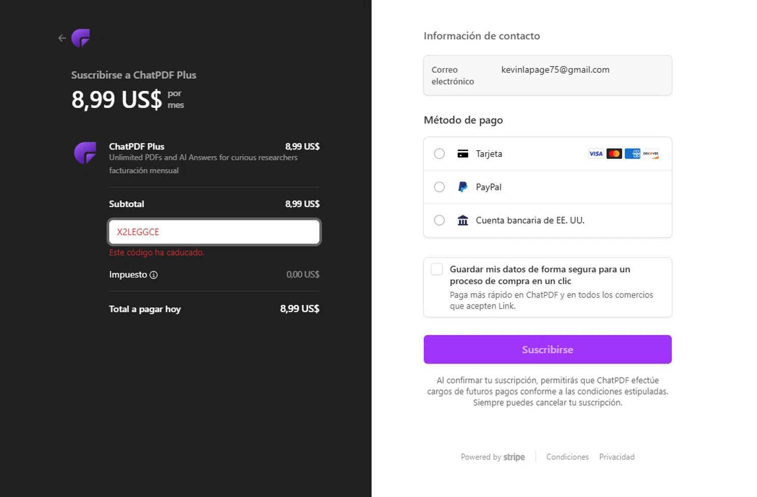ChatPDF promo code screenshot showing code X2LEGGCE applied at ChatPDF checkout page. Uploaded by SimplyCodes community member CashTracker4266 on Feb 6, 2025